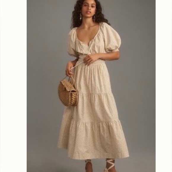 Anthropologie Dresses & Skirts - Anthropologie Cream and tan print Tiered Maxi Dress with Puff Sleeves